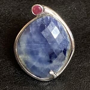Sterling Silver, Blue Sodalite and Ruby Ring Size 7 Made in India